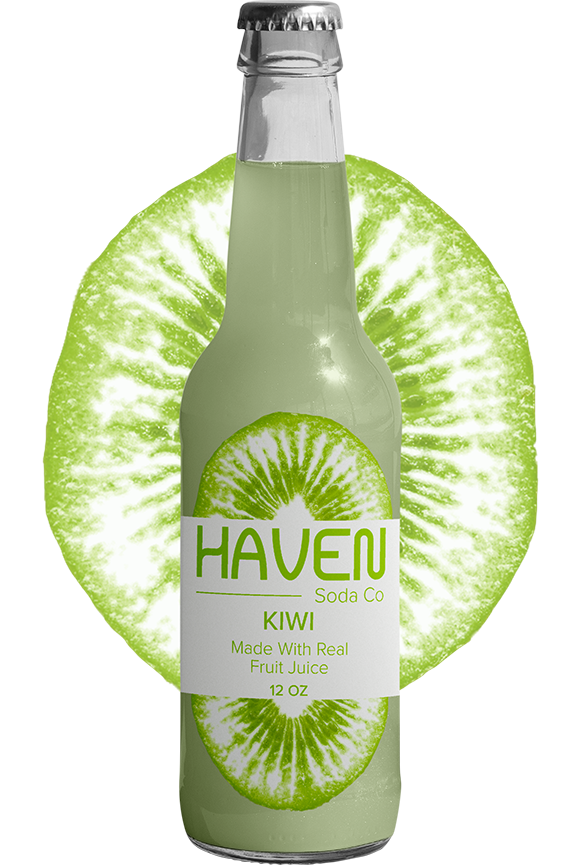 Haven kiwi soda bottle with kiwi behind the bottle.